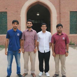 Four friends named Dilbar, SaQib, Naveed, Hasnain standing proudly in front of their alma mater, Sukkur IBA University. They are displaying a range of expressions indicative of close friendship and shared experiences.