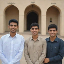 Four friends named Dilbar, SaQib, Naveed, Hasnain standing proudly in front of their alma mater, Sukkur IBA University. They are displaying a range of expressions indicative of close friendship and shared experiences.