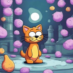 Create an image of Garfield, the famous cartoon cat, in a surreal and eerie environment infected by a coronavirus theme