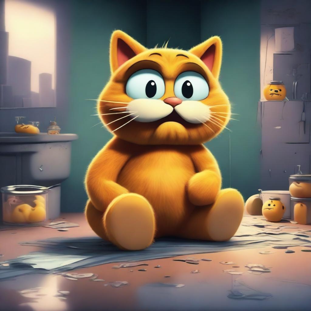 Create an image of Garfield, the famous cartoon cat, in a surreal and eerie environment infected by a coronavirus theme