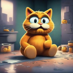 Create an image of Garfield, the famous cartoon cat, in a surreal and eerie environment infected by a coronavirus theme