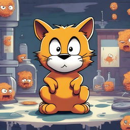 Create an image of Garfield, the famous cartoon cat, in a surreal and eerie environment infected by a coronavirus theme