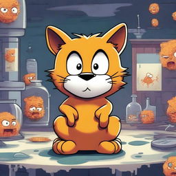 Create an image of Garfield, the famous cartoon cat, in a surreal and eerie environment infected by a coronavirus theme