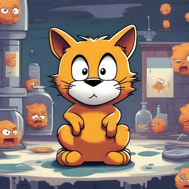 Create an image of Garfield, the famous cartoon cat, in a surreal and eerie environment infected by a coronavirus theme
