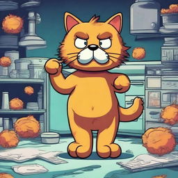 Create an image of Garfield, the famous cartoon cat, in a surreal and eerie environment infected by a coronavirus theme