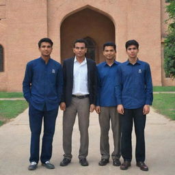 Four friends named Dilbar, SaQib, Naveed, Hasnain standing proudly in front of their alma mater, Sukkur IBA University. They are displaying a range of expressions indicative of close friendship and shared experiences.