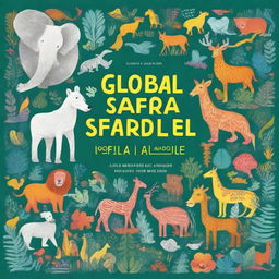 A vibrant book cover illustration for 'Global Safari: 100 Animals to Color Around the World