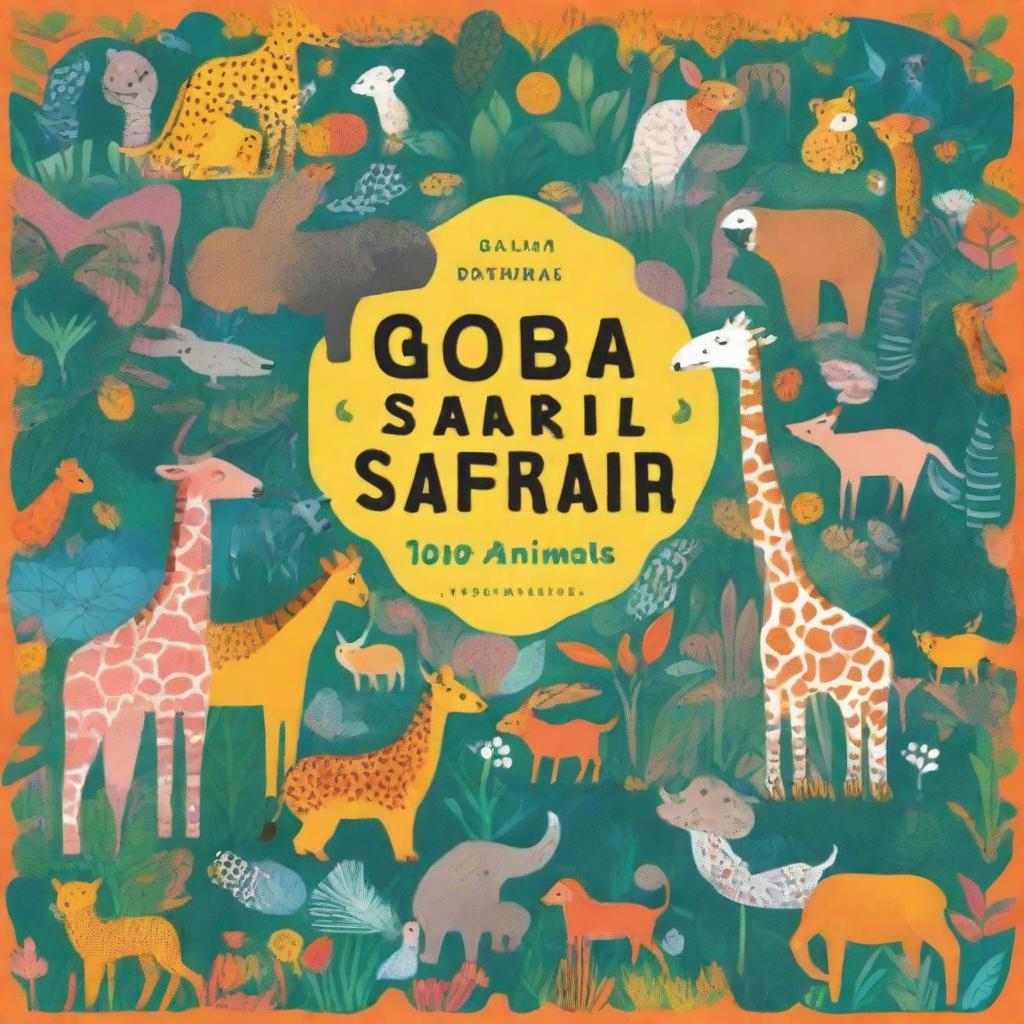 A vibrant book cover illustration for 'Global Safari: 100 Animals to Color Around the World