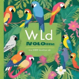 Create a vibrant and colorful book cover featuring a lush jungle environment