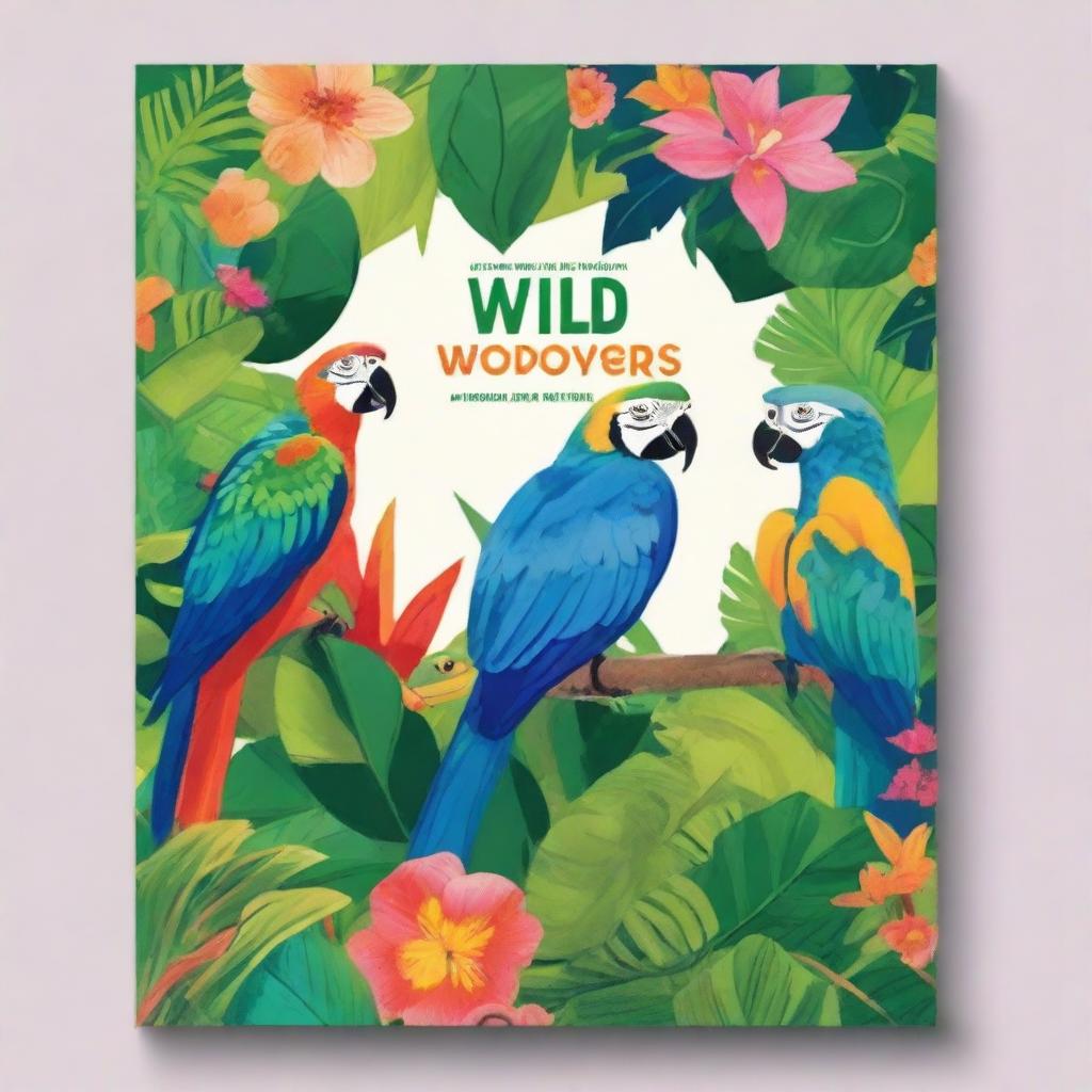 Create a vibrant and colorful book cover featuring a lush jungle environment