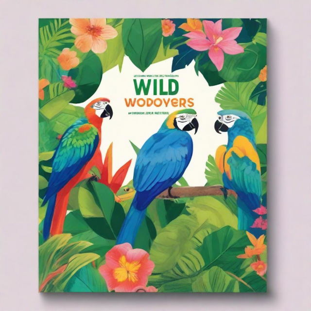 Create a vibrant and colorful book cover featuring a lush jungle environment