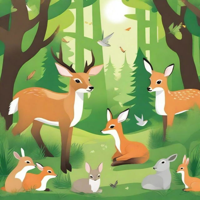 Create an image featuring a variety of wildlife creatures in their natural habitat