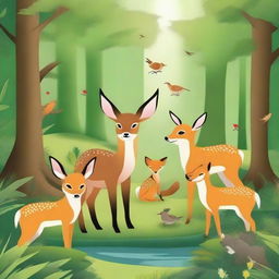 Create an image featuring a variety of wildlife creatures in their natural habitat