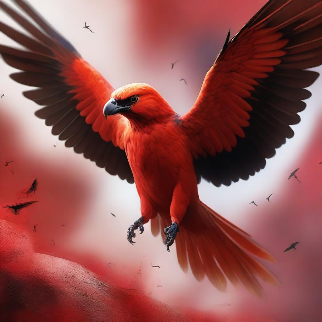 A fierce bird in the midst of a war, with a vibrant red background