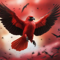 A fierce bird in the midst of a war, with a vibrant red background