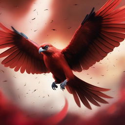 A fierce bird in the midst of a war, with a vibrant red background