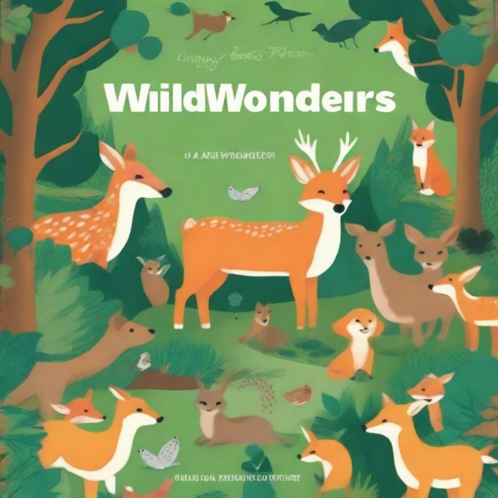 Design a book cover titled 'Wild Wonders' featuring a variety of wildlife creatures in their natural habitat