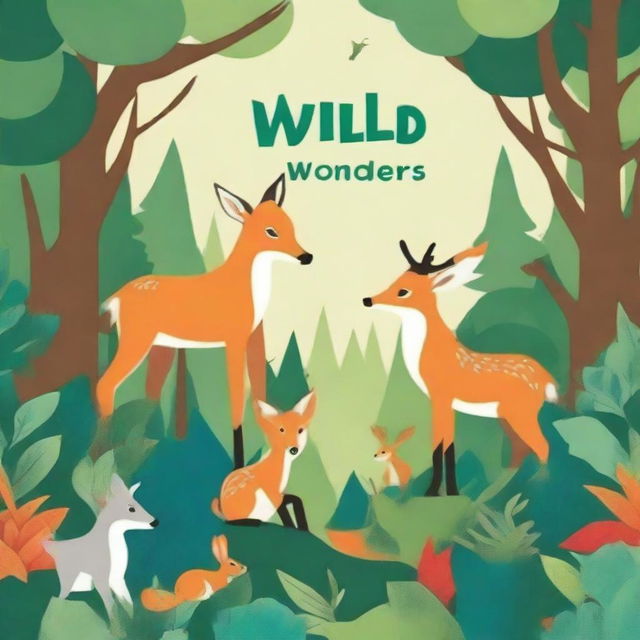 Design a book cover titled 'Wild Wonders' featuring a variety of wildlife creatures in their natural habitat