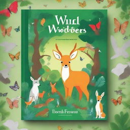 Design a book cover titled 'Wild Wonders' featuring a variety of wildlife creatures in their natural habitat