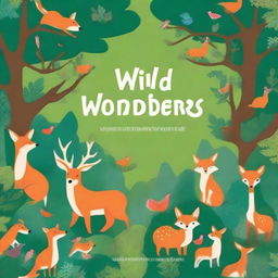 Design a book cover titled 'Wild Wonders' featuring a variety of wildlife creatures in their natural habitat