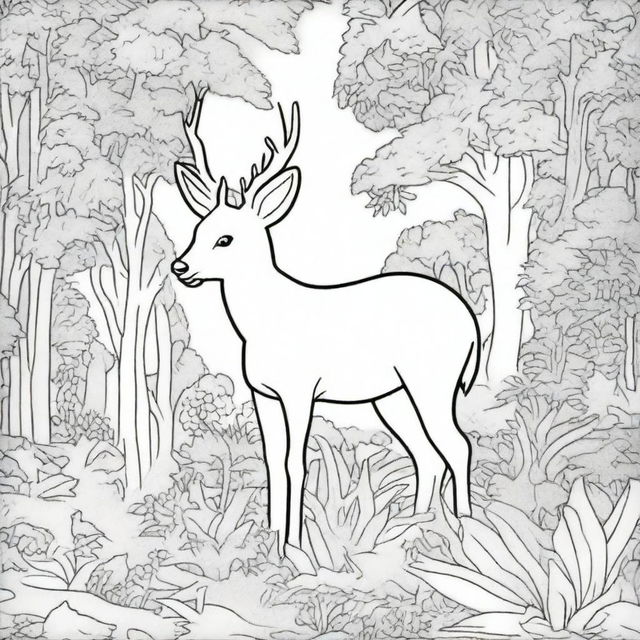 Create a coloring book page titled 'Wild Wonders' featuring a variety of wildlife creatures in their natural habitat