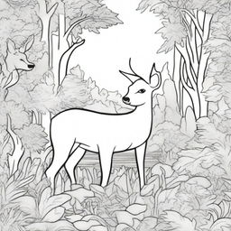 Create a coloring book page titled 'Wild Wonders' featuring a variety of wildlife creatures in their natural habitat