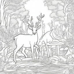 Create a coloring book page titled 'Wild Wonders' featuring a variety of wildlife creatures in their natural habitat