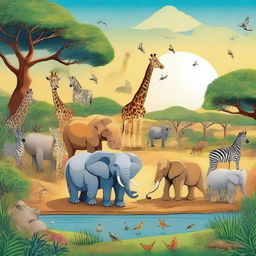 A vibrant and detailed illustration of wild animals in their natural habitats