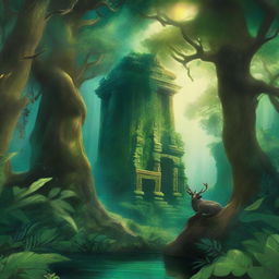 A captivating book cover featuring a mystical forest with a hidden ancient temple