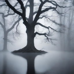 A dark and misty forest reservoir, with eerie fog swirling around ancient trees