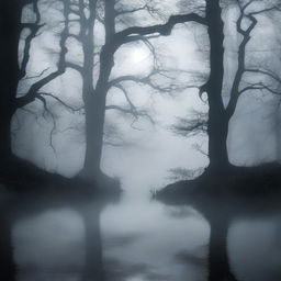 A dark and misty forest reservoir, with eerie fog swirling around ancient trees