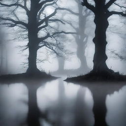 A dark and misty forest reservoir, with eerie fog swirling around ancient trees