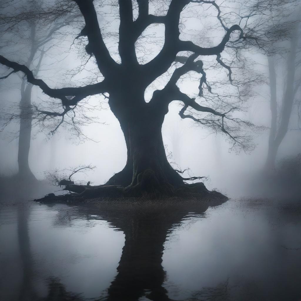 A dark and misty forest reservoir, with eerie fog swirling around ancient trees