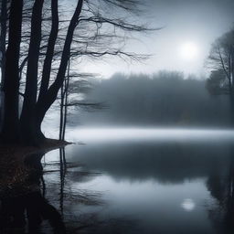 A dark and misty forest reservoir with dense trees surrounding a calm body of water