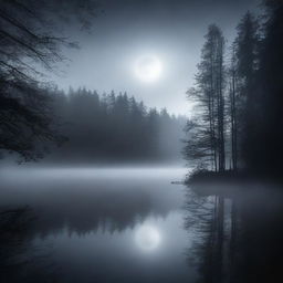 A dark and misty forest reservoir with dense trees surrounding a calm body of water