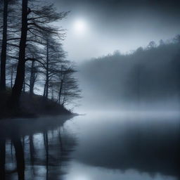 A dark and misty forest reservoir with dense trees surrounding a calm body of water