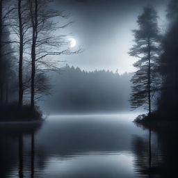 A dark and misty forest reservoir with dense trees surrounding a calm body of water