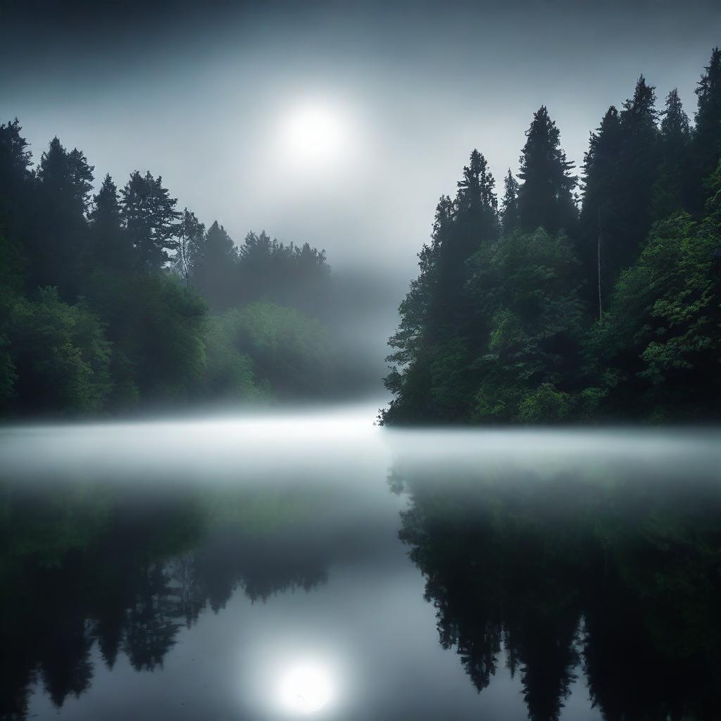 A dark and misty forest reservoir with dense trees and lush greenery surrounding a calm body of water