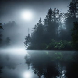 A dark and misty forest reservoir with dense trees and lush greenery surrounding a calm body of water