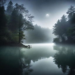 A dark and misty forest reservoir with dense trees and lush greenery surrounding a calm body of water