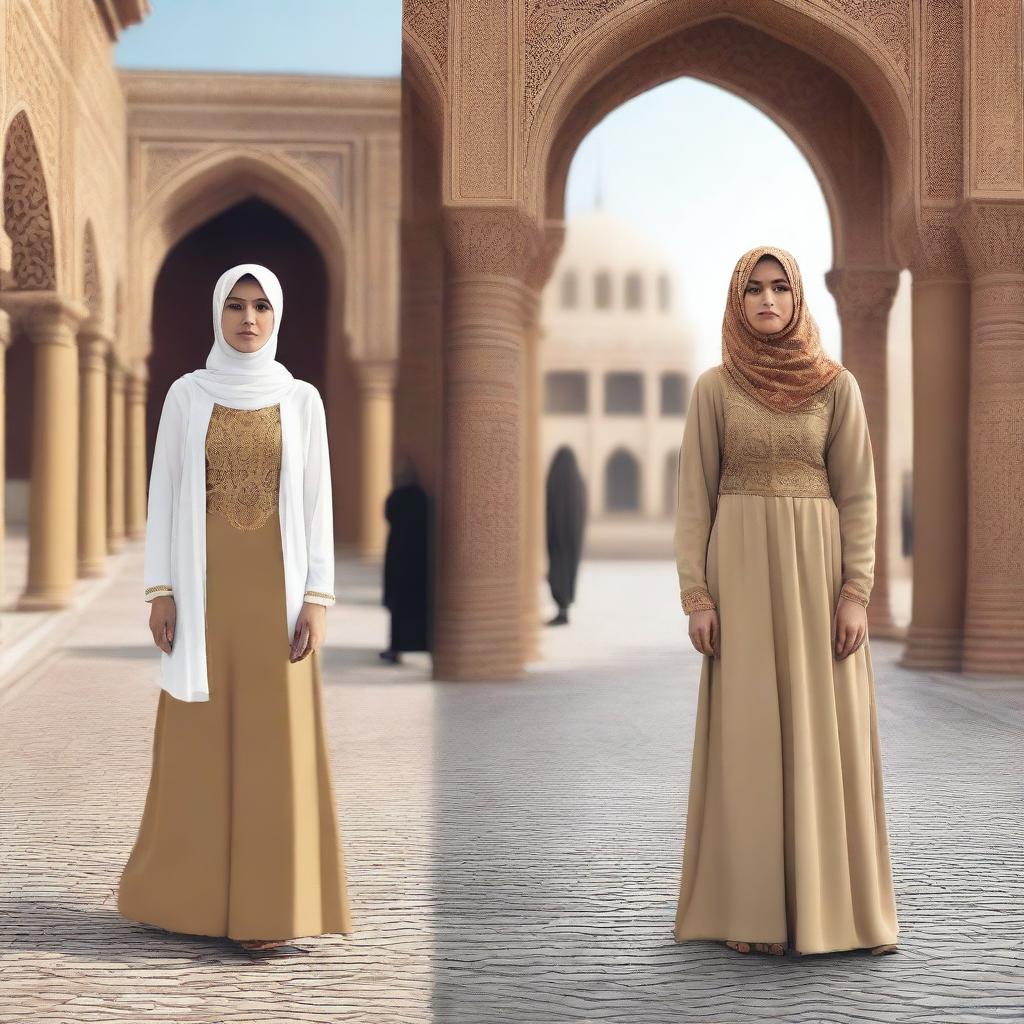 A split-screen image showing a Muslim woman in modern attire on one side and in traditional ancient attire on the other