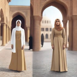 A split-screen image showing a Muslim woman in modern attire on one side and in traditional ancient attire on the other