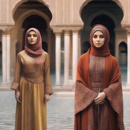 A split-screen image showing a Muslim woman in modern attire on one side and in traditional ancient attire on the other