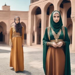 A split-screen image showing a Muslim woman in modern attire on one side and in traditional ancient attire on the other