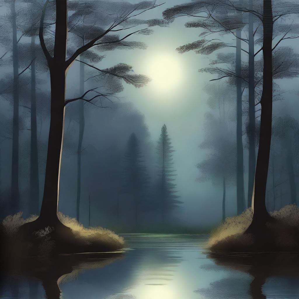 A serene night scene with a gentle breeze rustling through the trees