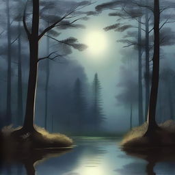 A serene night scene with a gentle breeze rustling through the trees