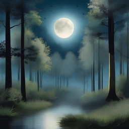 A serene night scene with a gentle breeze rustling through the trees