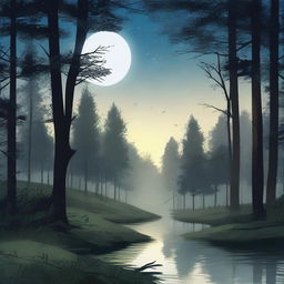 A serene night scene with a gentle breeze rustling through the trees