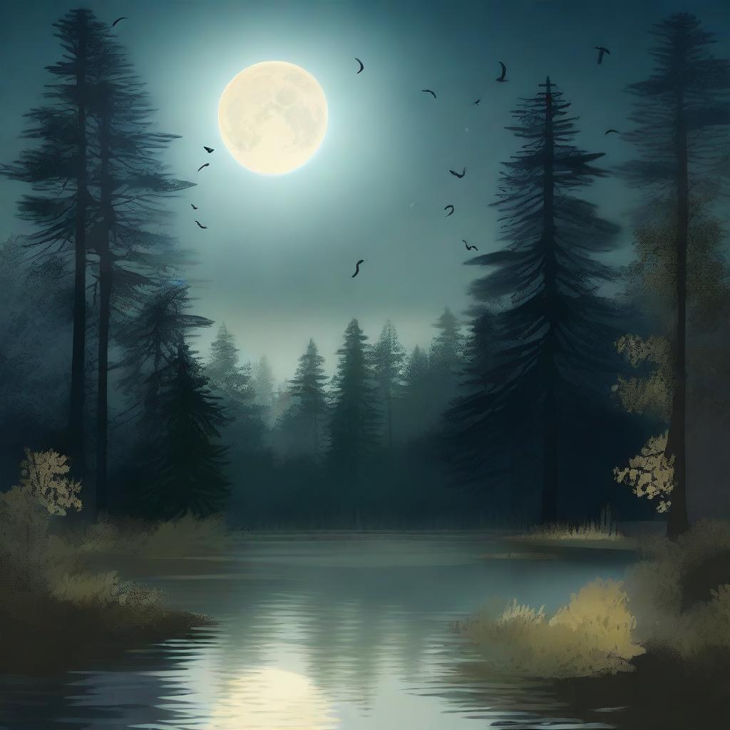 A serene night scene with a gentle breeze rustling through the trees