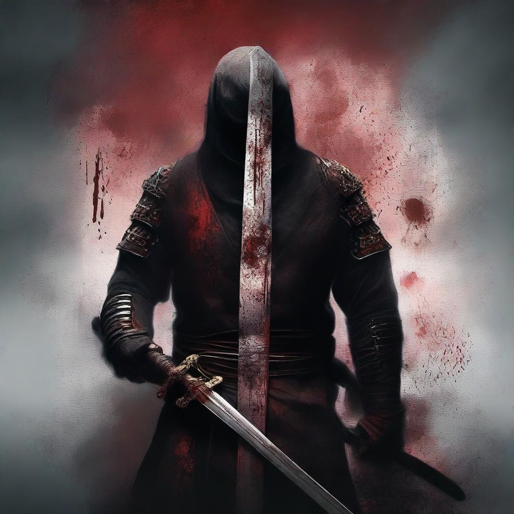 Create a dark fantasy book cover featuring a katana and blood